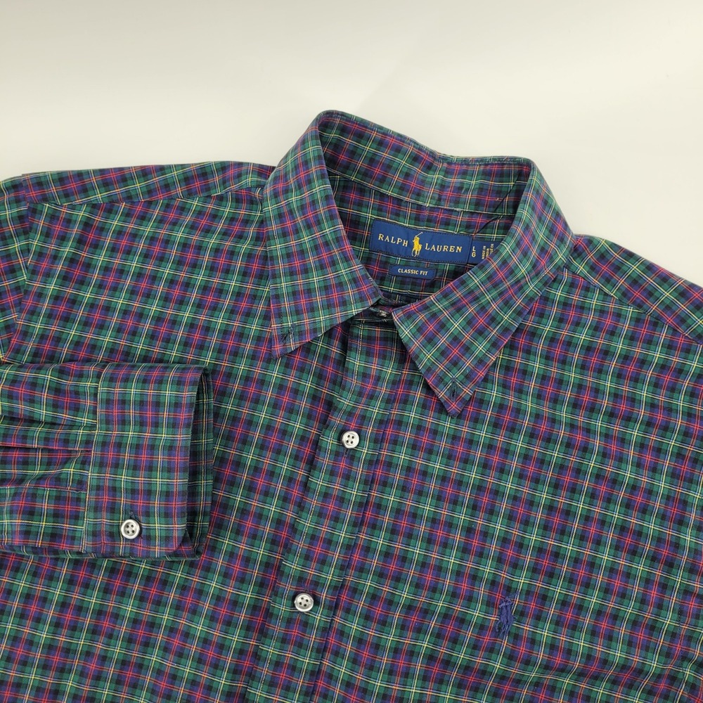Ralph Lauren Button Down Shirt Mens Large Green Plaid Classic Fit Long Sleeve‎